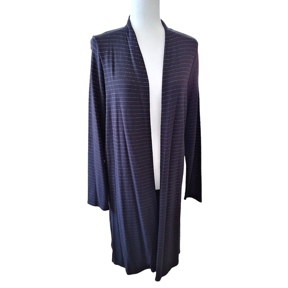 J. Jill Wearever Collection Black Striped Open Front Duster Cardigan Jacket SzM